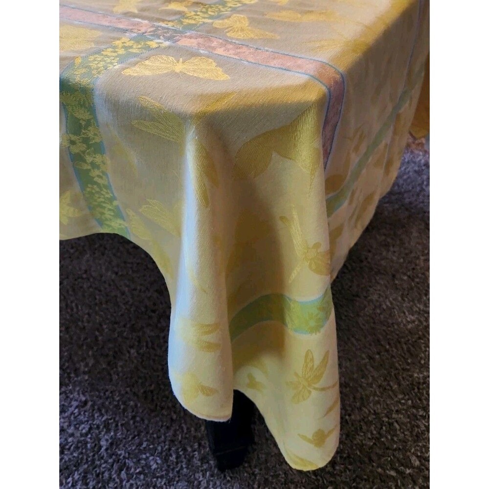 Vntg Celebrate Spring Together Yellow Jacquard Tablecloth 58"x 99" Dragonfly +